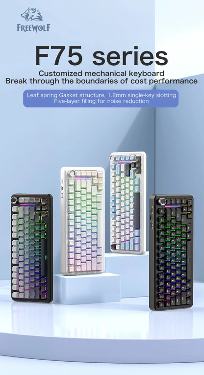 F75 Mechanical Keyboard FREEWOLF 81 Keys Layout Metal Knobs PBT Keycaps,Fully Hot-swappable Keys RGB Multi-color Backlighting
