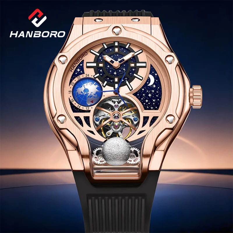 HANBORO Rose Gold Starry Sky Hollow Flywheel Moon Phase Automatic Mechanical Watch Luxury Space Theme Sports Watch 980