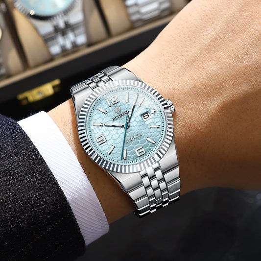 Reloj de pulsera de cuarzo de lujo BINBOND, luminiscente, resistente al agua, con fecha automática, para hombre, de acero, estilo ejecutivo, deportivo, moderno y desenfadado.