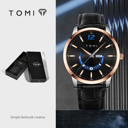 Reloj de cuarzo TOMI, de estilo elegante y profesional, con correa de piel, caja de aleación y esfera con agujas: diseño de alta gama, ideal como regalo para hombre.