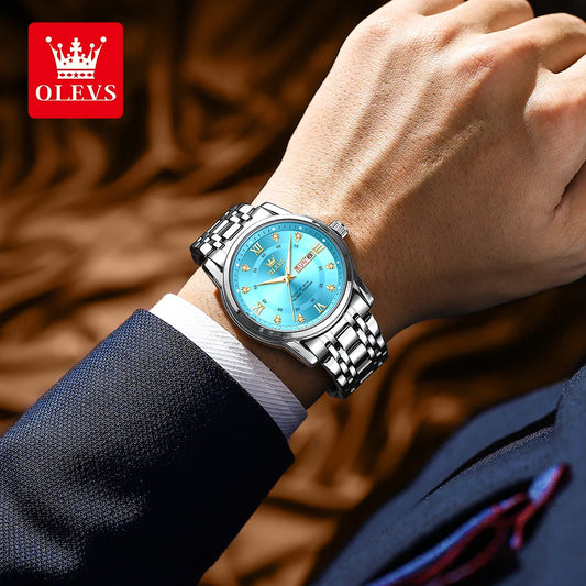 Montre à quartz pour homme OLEVS 5513 – Bracelet en acier, étanche, affichage lumineux, calendrier et jour de la semaine – Montre élégante et luxueuse, modèle original pour homme