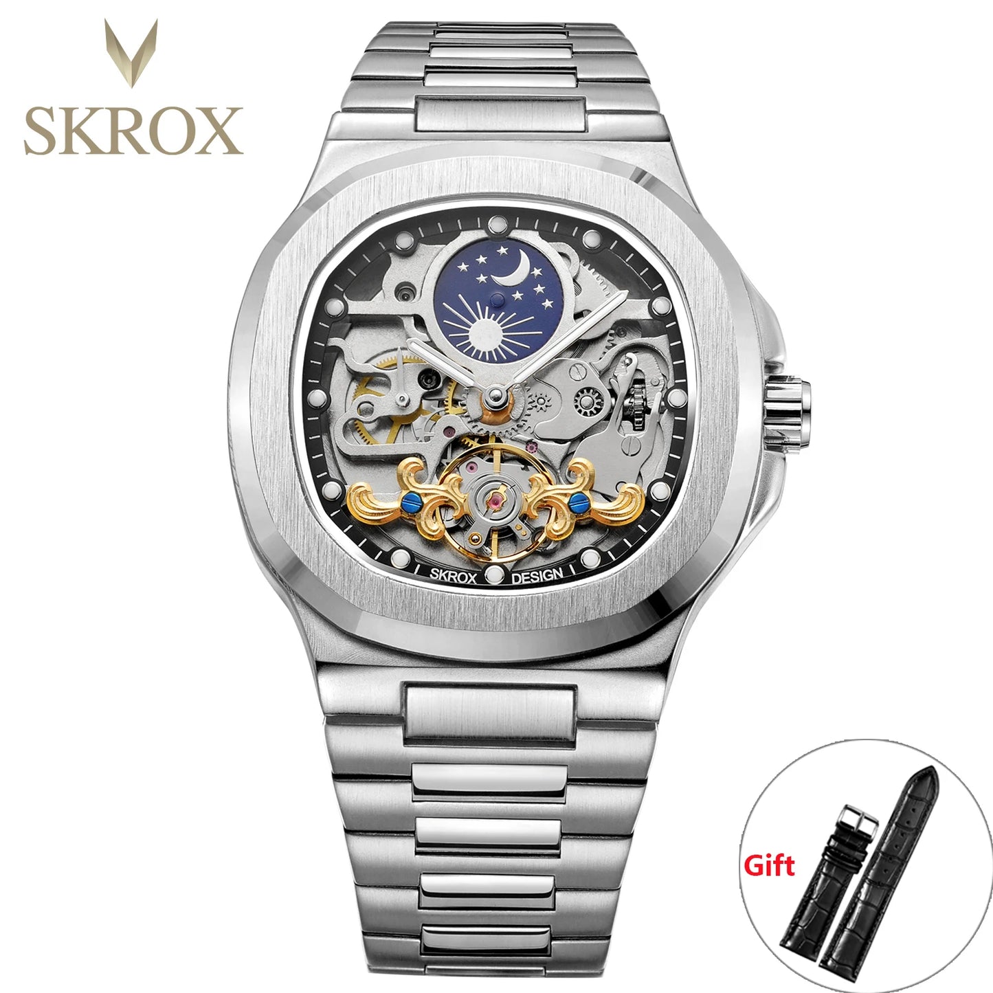 2026 High-end Luxury SKROX Square Man Watch Sapphire Stainless Steel Skeleton Moon Phase Classic Automatic Movement Male Watches