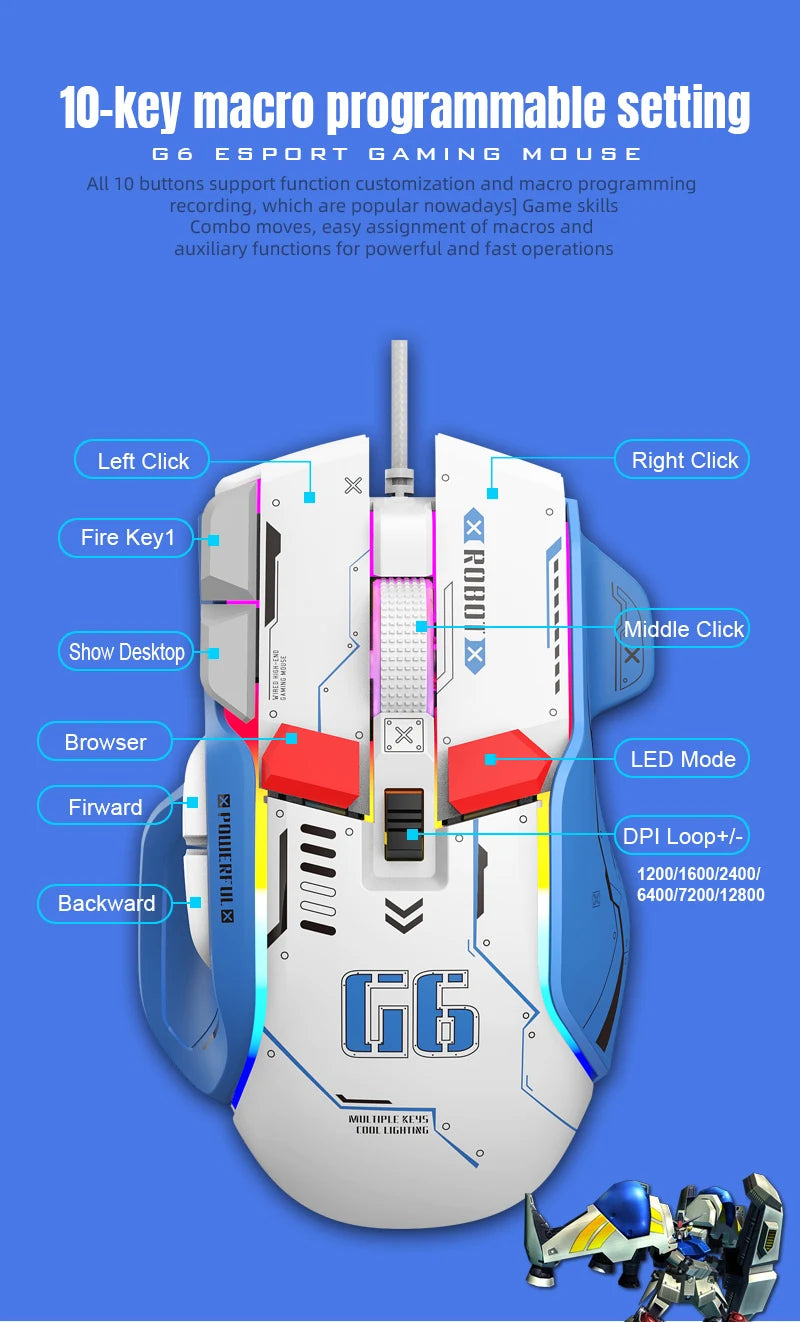 High-end Programmable Gaming Mouse Wired 12800 DPI 12 keys RGB Game Mice for Windows IOS Home Office Laptop PC