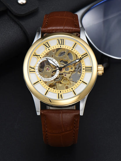 Reloj automático para hombre, estilo de lujo, esfera con números romanos, mecanismo a la vista (esqueleto), resistente al agua, agujas luminiscentes, correa de piel: una opción ideal para regalar.