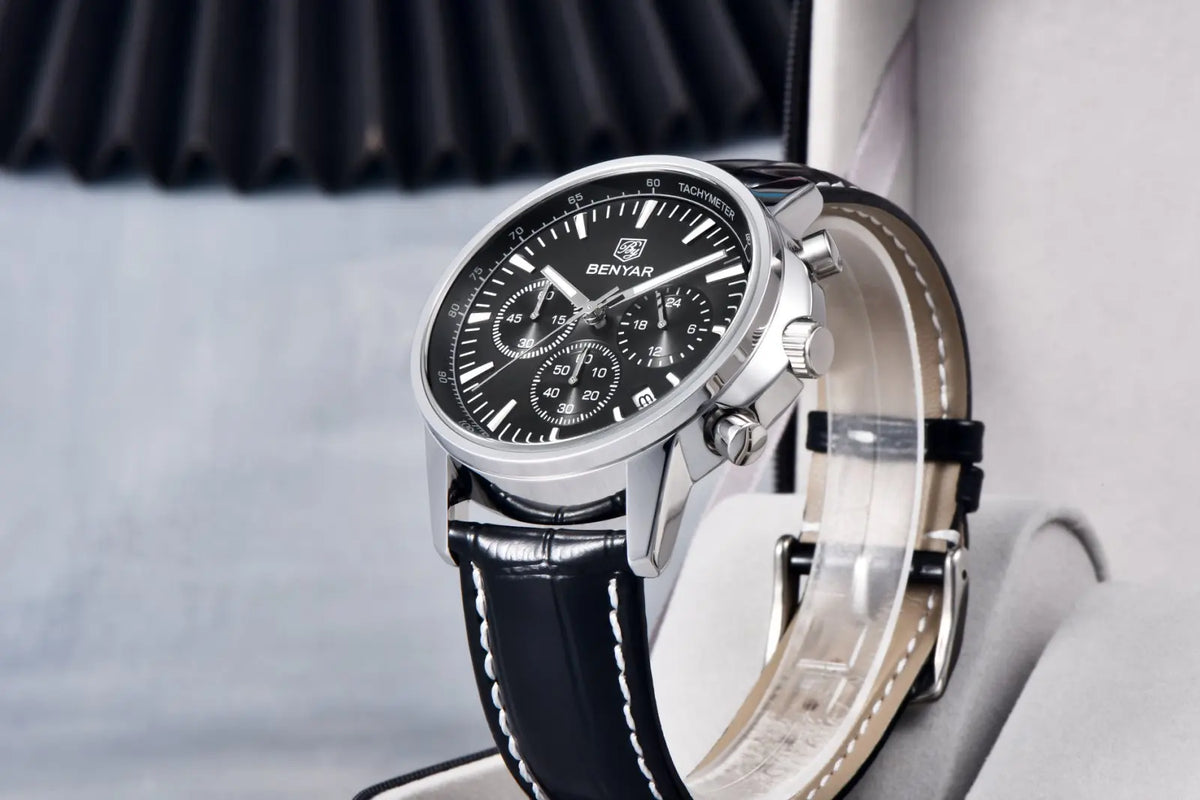 Reloj de lujo para hombre Benyar: cronógrafo con fecha, correa de piel, resistente al agua, luminiscente, estilo deportivo y militar, reloj de cuarzo