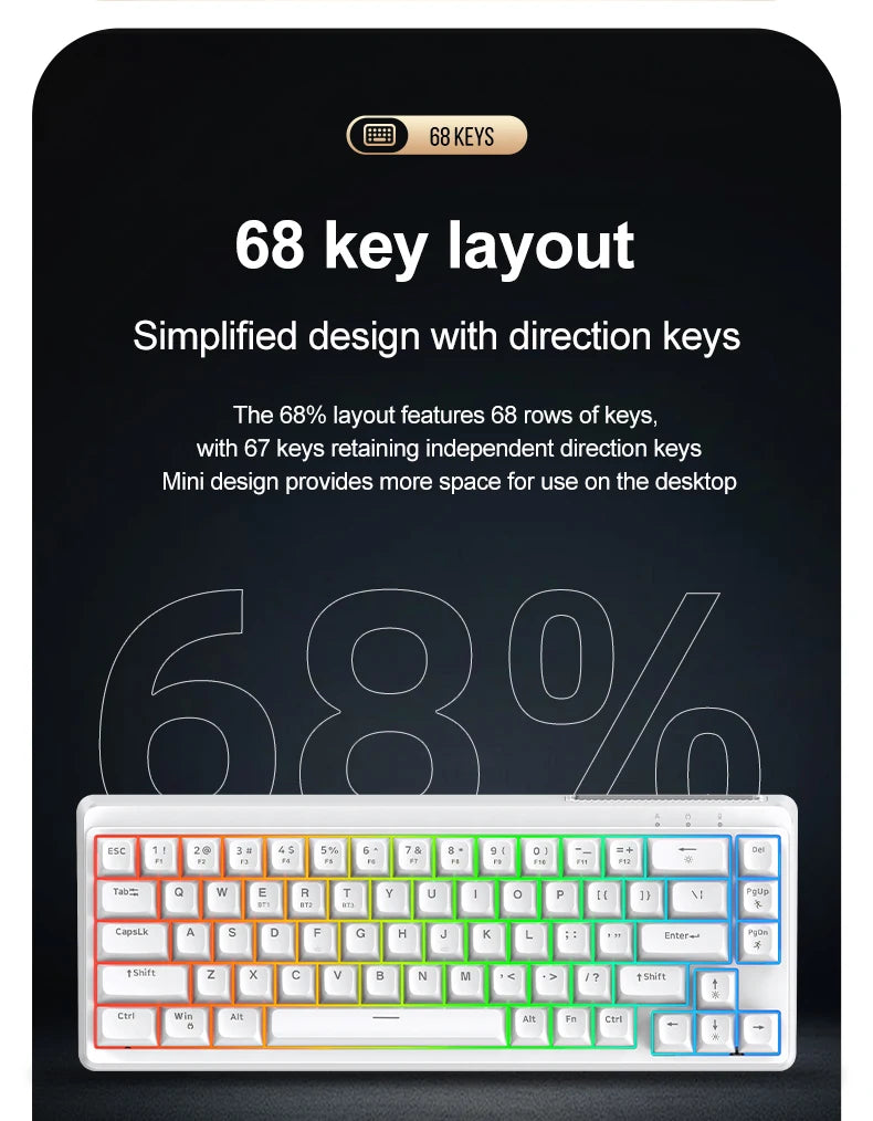 FREEWOLF M68SE 68 Key Mini Wired Keyboard RGB Backlit Type-C 68% Layout Compact Gaming Office PC Laptop
