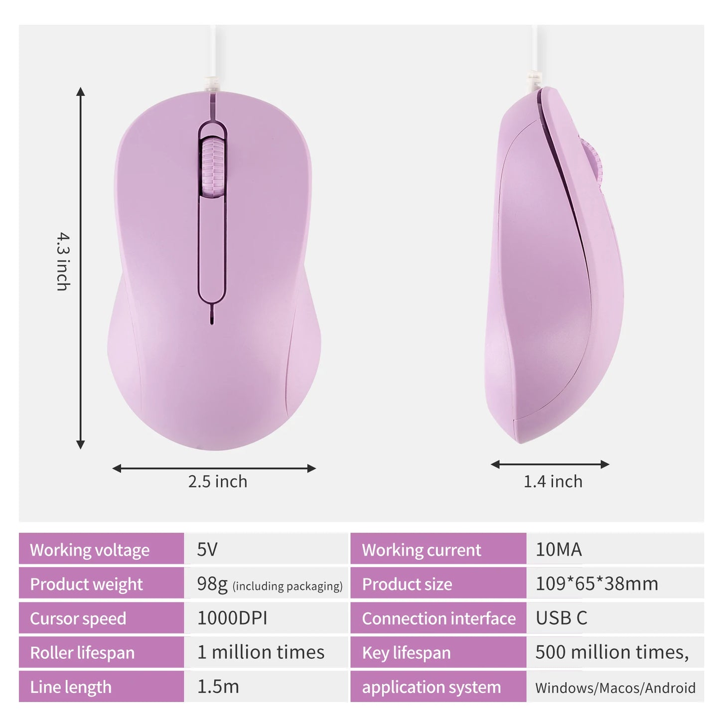 Silent 3D Mouse - Ergonomics Optical Mice 1000DPI For PC Laptop MacBook Tablet Phone, For Windows/MacOs/Android, USB-C