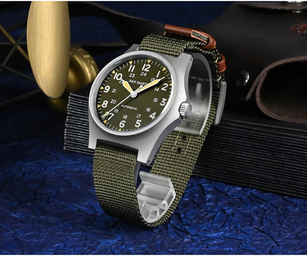 San Martin Pilot Watch 38mm NH35 Retro Military Automatic Mechanical Wristwatch Bead Blasted Case Waterproof 100m SN0137