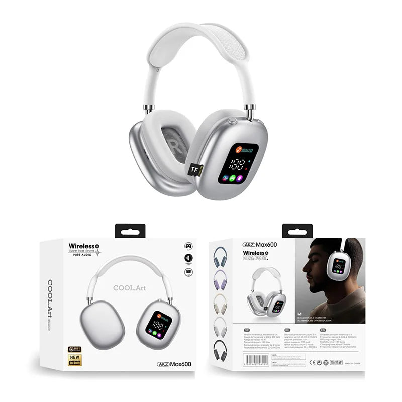 MAX600 Wireless Active Noise Cancelling Headphones – Bluetooth 5.2 Over-Ear Headset with Touch Control, LED Display & Microphone