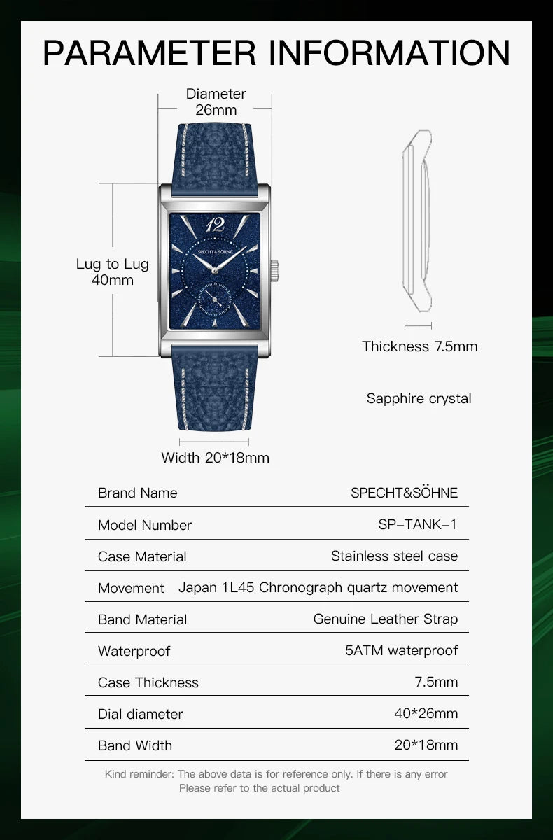 2025 New Fashion Specht & Söhne Square Watch Men's Watches Ultrathin Japan Movt Casual Men Watch Black Color Reloj Hombre 26MM