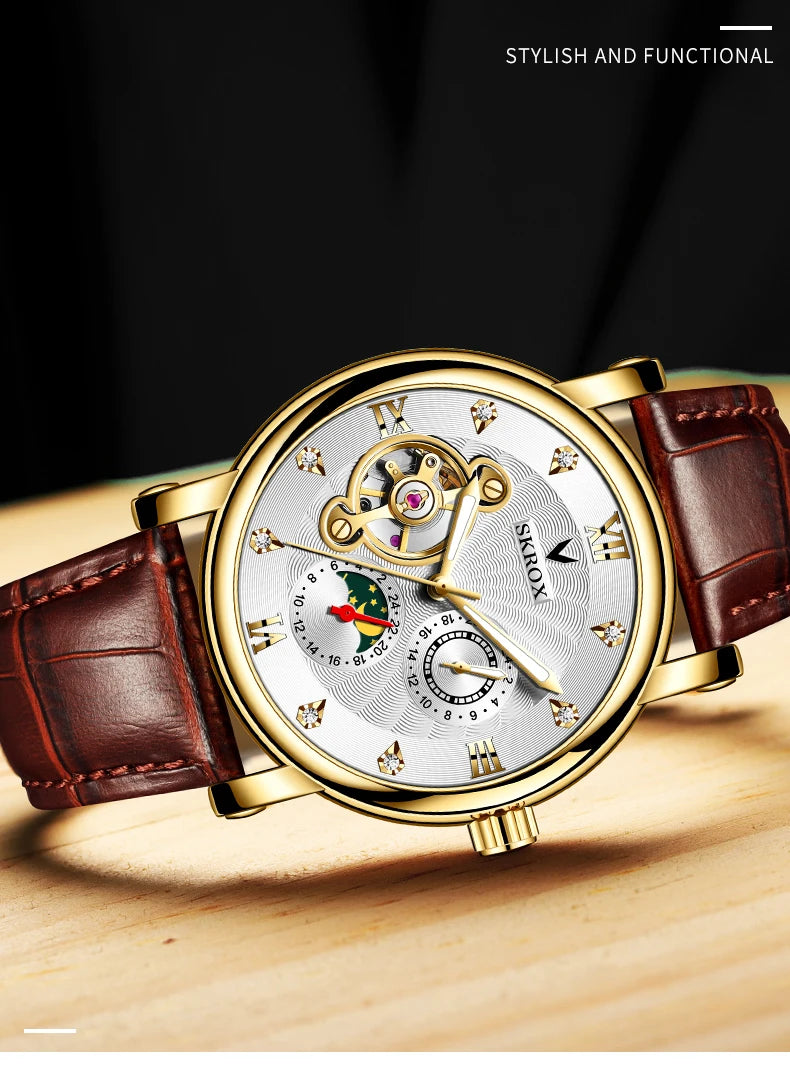 Montre mécanique automatique de luxe pour homme, signée par une grande marque, dotée d'un tourbillon, d'une phase de lune et de diamants – une montre-bracelet élégante.