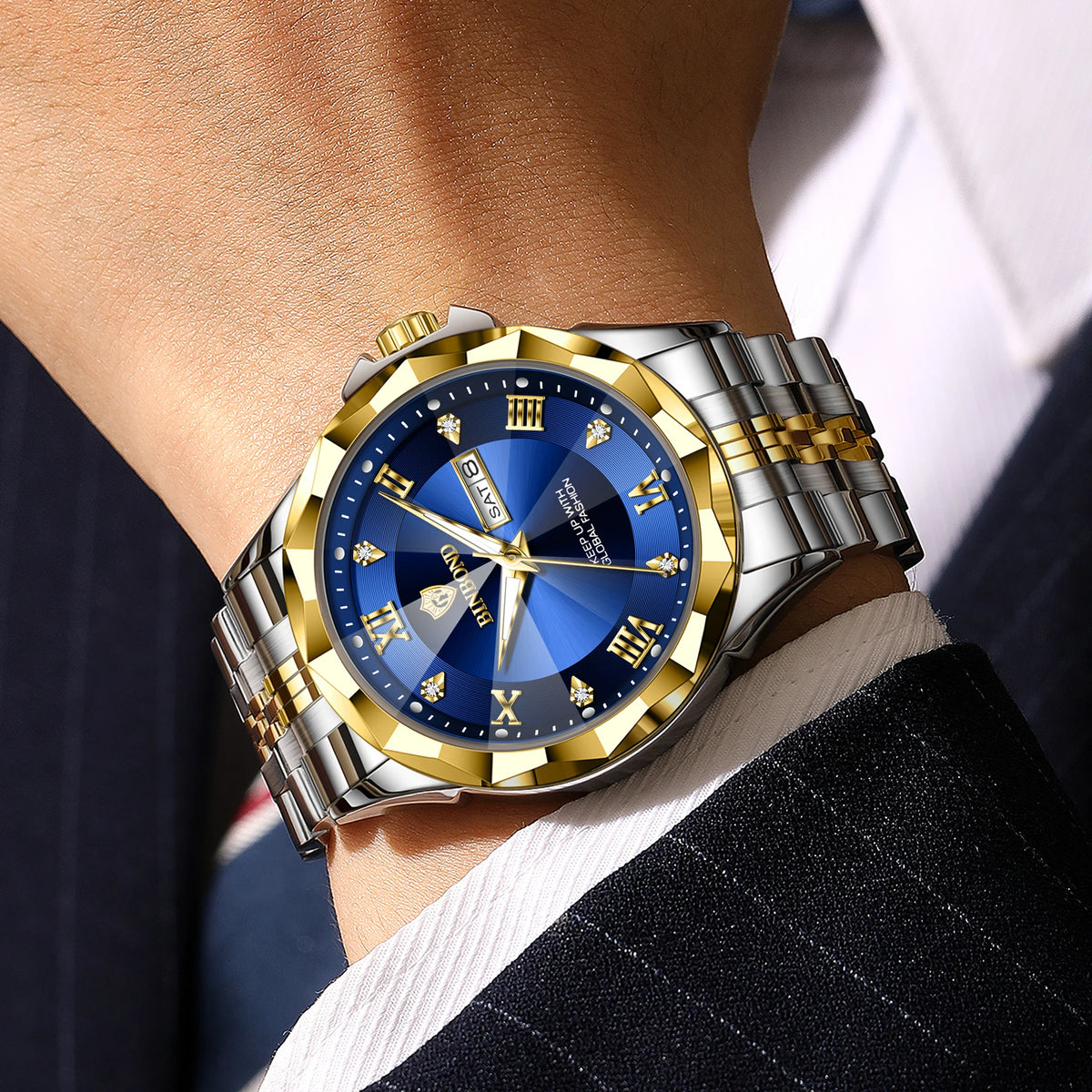 Reloj de cuarzo para hombre BINBOND: reloj de pulsera de lujo, luminiscente y resistente al agua, con indicador del día de la semana y fecha automática.
