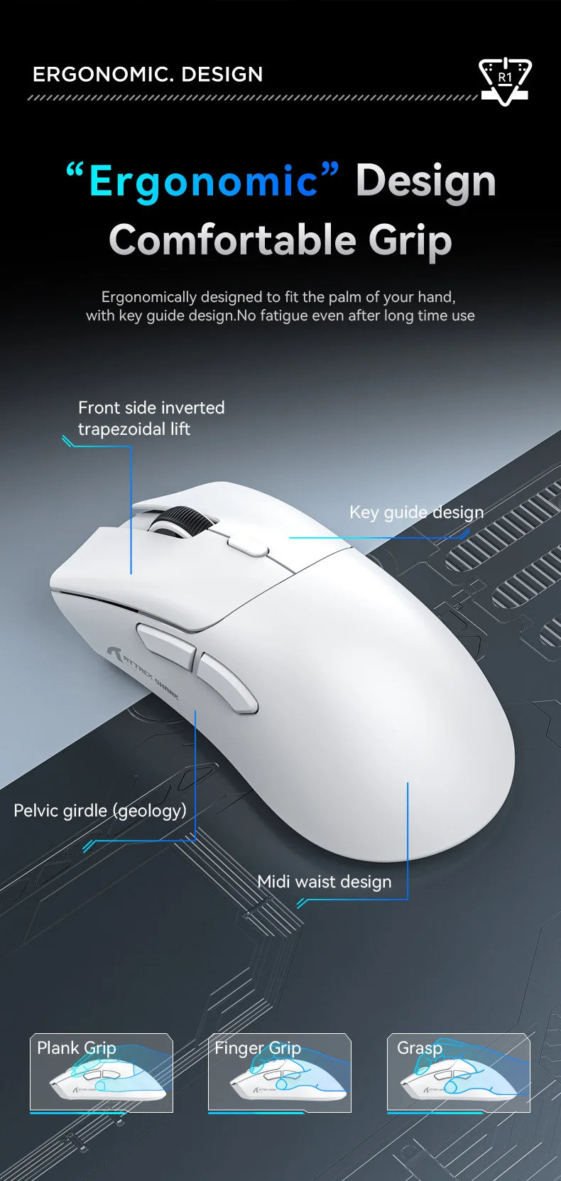 Attack Shark R1 lahka brezžična gaming miška Bluetooth 2.4G PAW3311 18000DPI ergonomska miška z makri