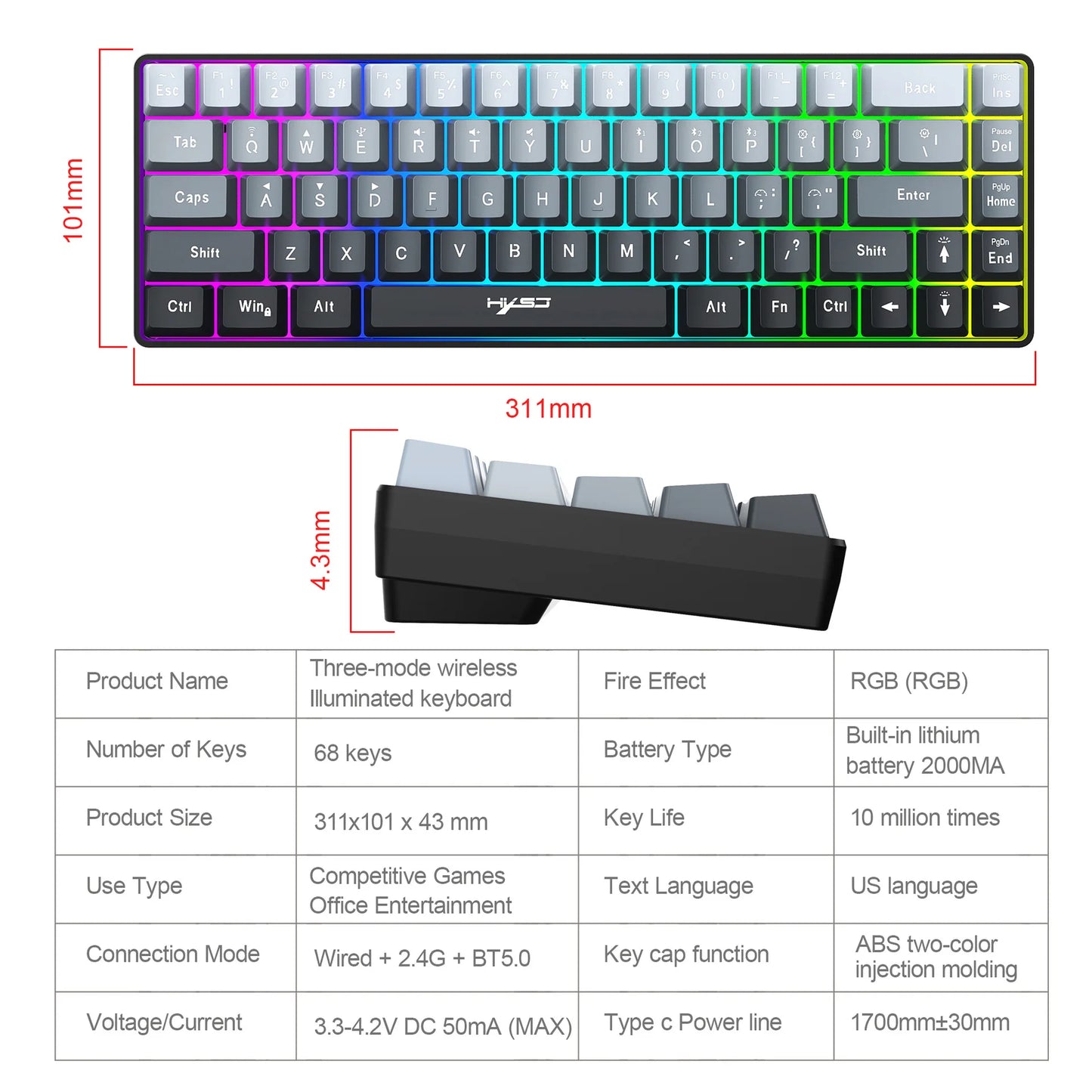 New 68% Three-Mode Wired/Wireless/Bluetooth Gaming Keyboard Gradual Change Gray RGB Backlight