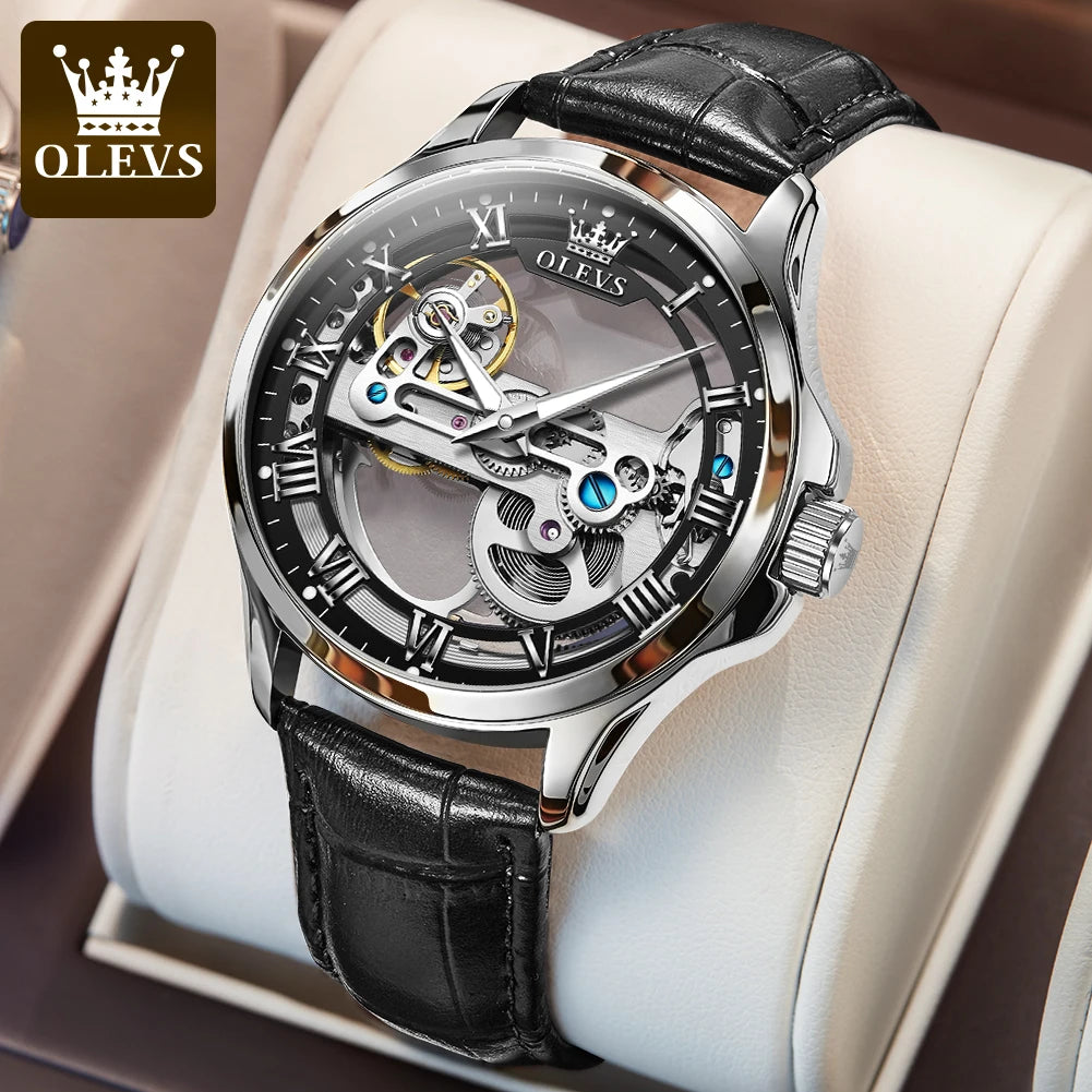 Montre mécanique automatique pour homme OLEVS 6661 – Modèle squelette entièrement transparent avec volant apparent, bracelet en cuir, montre de luxe originale pour homme