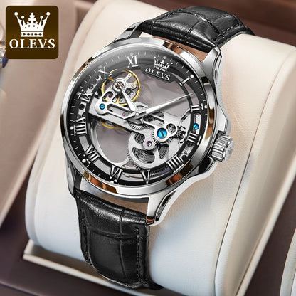 Montre mécanique automatique pour homme OLEVS 6661 – Modèle squelette entièrement transparent avec volant apparent, bracelet en cuir, montre de luxe originale pour homme