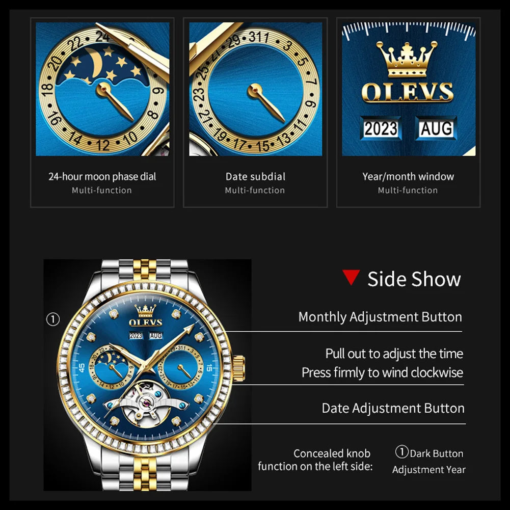 OLEVS 7016 Automatic Man Watch Stainless Steel Diamond Bezel Skeleton Flywheel Moon Phase Luminous Waterproof Mechanical Watches