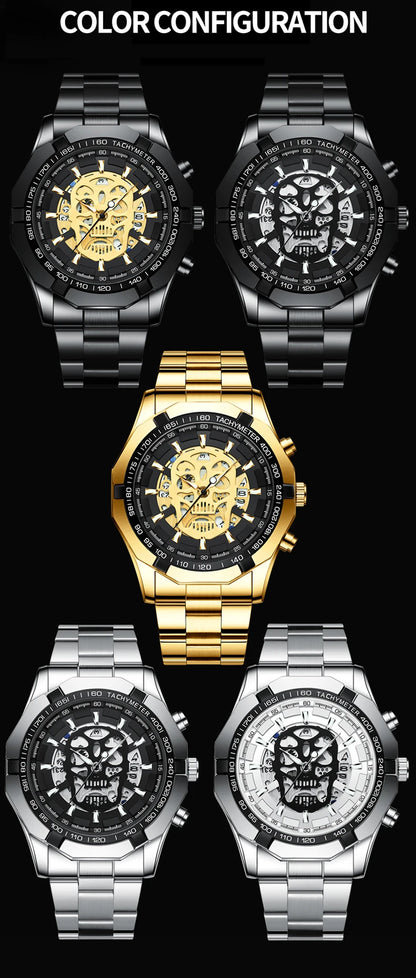 Montre-bracelet BINBOND pour homme, motif crâne squelette, à quartz précis, luxueuse, lumineuse, étanche, avec date automatique, robuste.
