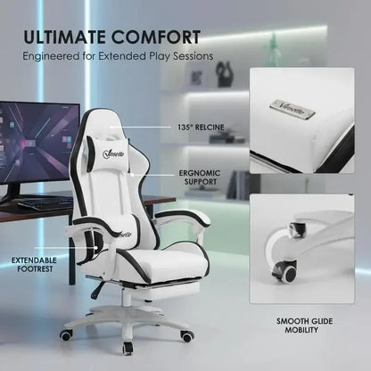 Leather Gaming Chair 135° Reclining with Retractable360° Swivel Height Ergonomic White Contrast Edge Office Chair 120KG Capacity