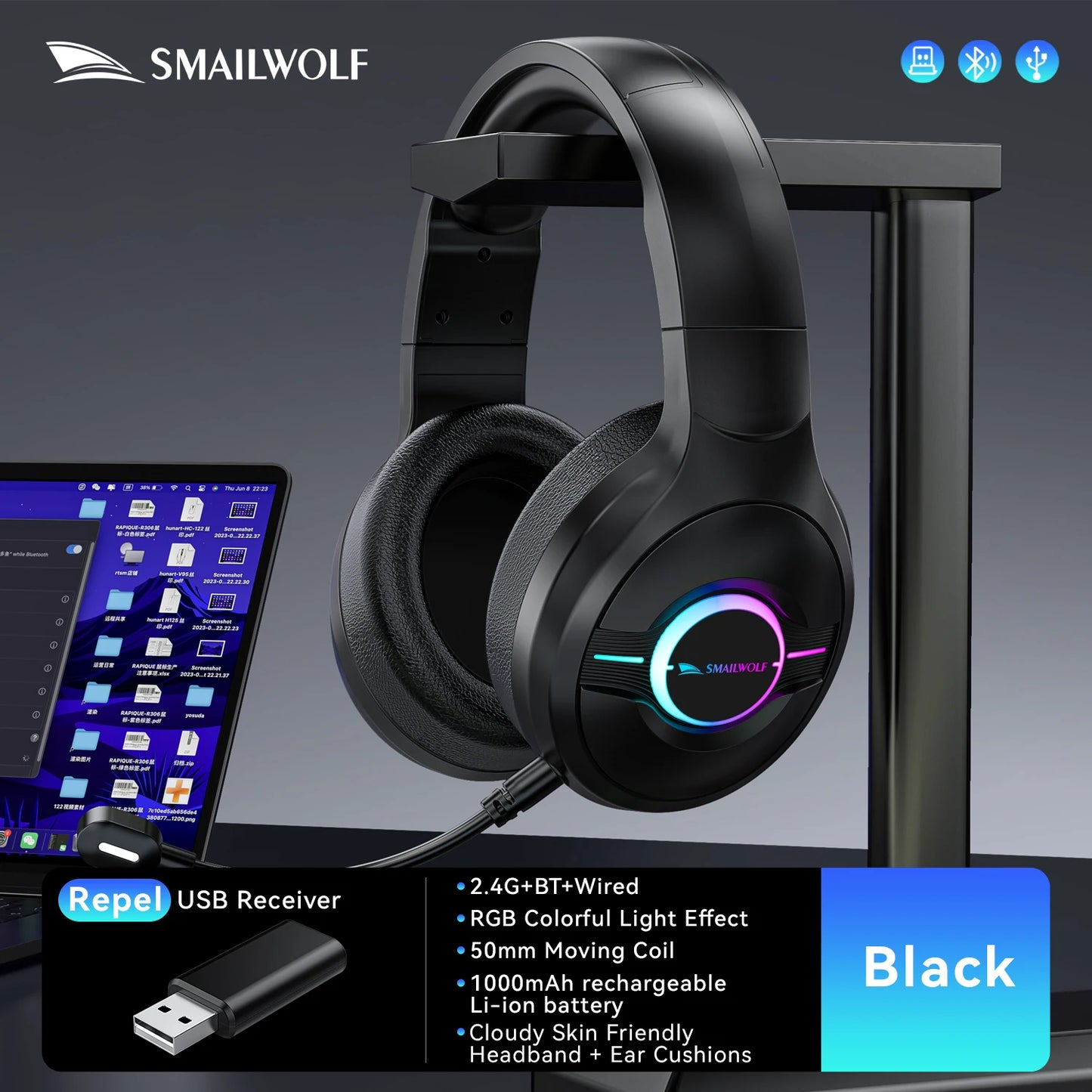 SMAILWOLF L80 Bluetooth wireless 2.4g three-mode gaming headset laptop home thin and light sports headset with microphone
