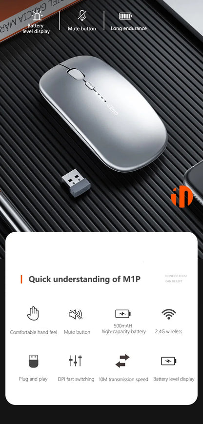 Inphic M1P Rechargeable 2.4G Wireless Mouse Battery Level Display Office Mute Mouse Ultra Thin Portable For Laptop
