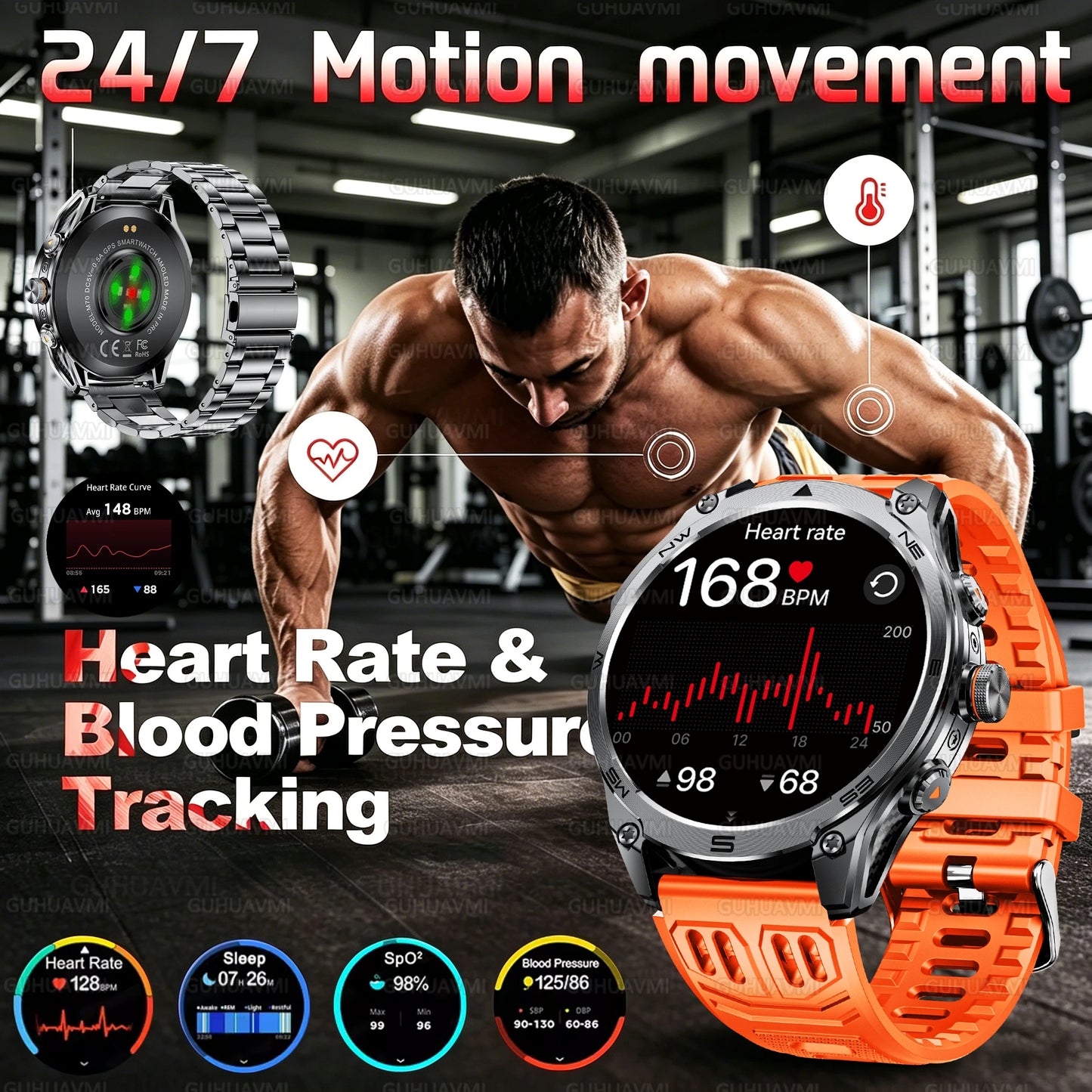 2026 New Military GPS Smart Watch 1000Mah Battery Compass IP68 Waterproof Tactics Sport Flashlight BT call Smart Watch For Men