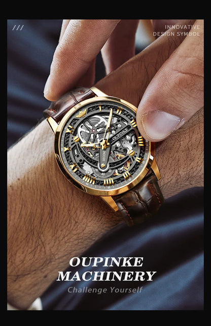 OUPINKE 3173 Skeleton Automatic Mechanical Watch Luxury Brand 50M Waterproof Watch Leather Strap Mens Watch Box Gifts Reloj