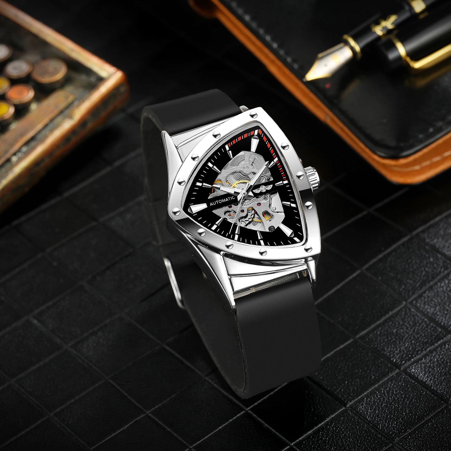 WINNER High Quality Watch for Men Triangle Steel Skeleton Mechanical Automatic Movement Clockwork Waterproof Rubber strap Wrist