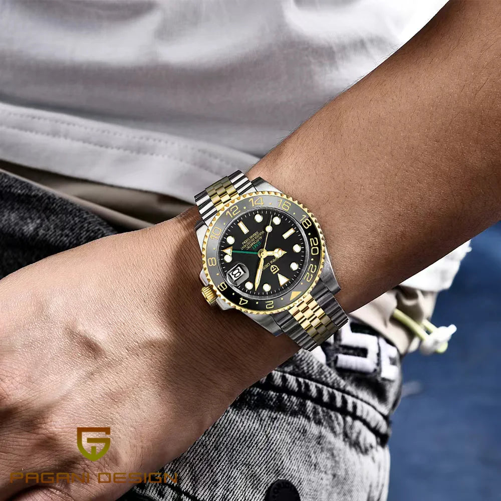 Montre mécanique pour homme Pagani Design GMT – Modèle de luxe avec verre saphir, boîtier en acier inoxydable et lunette en céramique – Montre automatique pour homme, style professionnel