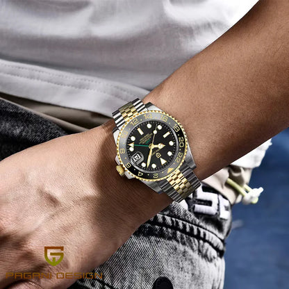 Montre mécanique pour homme Pagani Design GMT – Modèle de luxe avec verre saphir, boîtier en acier inoxydable et lunette en céramique – Montre automatique pour homme, style professionnel