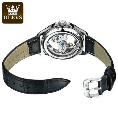 Montre mécanique automatique pour homme OLEVS 6661 – Modèle squelette entièrement transparent avec volant apparent, bracelet en cuir, montre de luxe originale pour homme