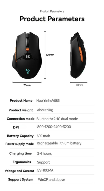 2.4G Bluetooth wireless mouse screen display power 600mAh large capacity battery, light tone buttons for gaming and office
