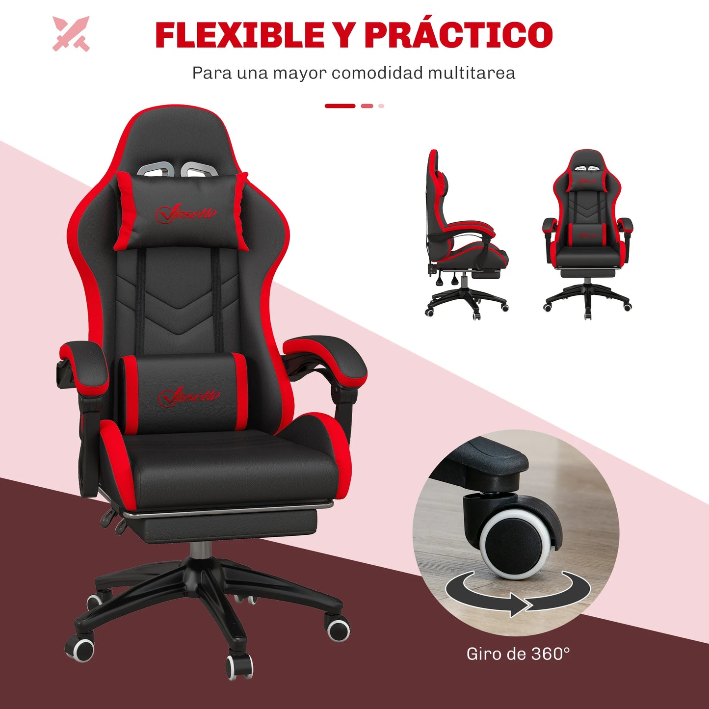 Vinsetto Ergonomic Reclining Gaming Chair 135 ° , Pu Leather Racing Gamer Chair with Lumbar Support, Adjustable Height, Headrest and Retractable Footrest, for Office, Study, Black and Red