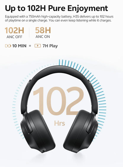 QCY H3S ANC Over Ear Headphones -56dB Noise Cancelling Headsets Bluetooth 6.0 Hi-Res LDAC Spatial Sound Earphones Dual Driver