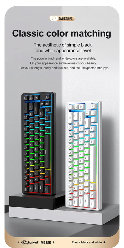 FREEWOLF M68SE 68% Mini Wired Keyboard RGB Backlit Silent Mechanical Feel Type-C Detachable Cable for PC Mac