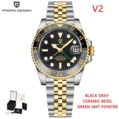 Montre mécanique pour homme Pagani Design GMT – Modèle de luxe avec verre saphir, boîtier en acier inoxydable et lunette en céramique – Montre automatique pour homme, style professionnel
