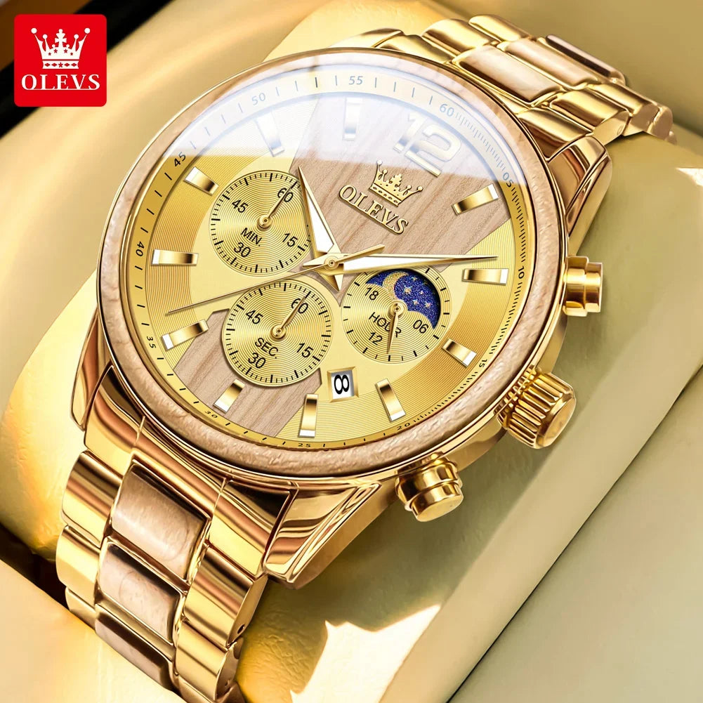 Reloj de hombre OLEVS 3645 de madera, de lujo, con iluminación nocturna, cronógrafo multifuncional, de cuarzo, estilo retro, reloj deportivo de moda.