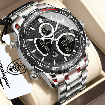 Montre pour homme POEDAGAR : montre à quartz tendance, étanche, avec affichage LED, double fuseau horaire et boîtier en acier inoxydable – une montre numérique de luxe pour homme.