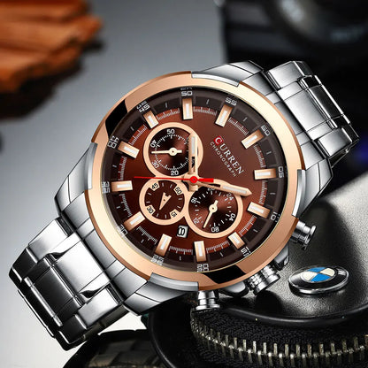 Pánské chronografové hodinky CURREN, velký ciferník o průměru 48 mm, náramek z nerezové oceli, tři pomocné ciferníky, sportovní náramkové hodinky s quartzovým strojkem, luxusní styl