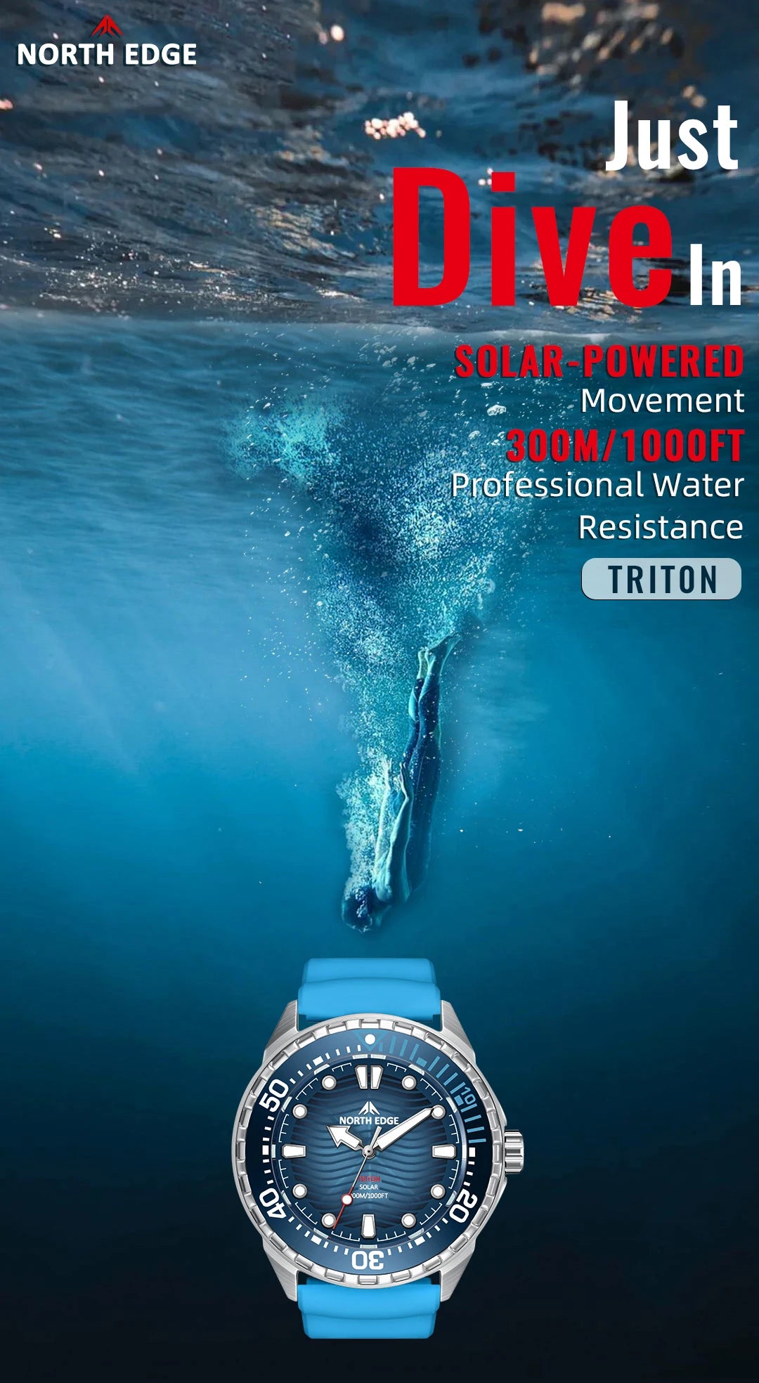 NORTH EDGE 2025 New TRITON Solar Powered Dive Watch Men Luxury Quartz Watches For Men 316L Stainless Steel Case Waterproof 300M