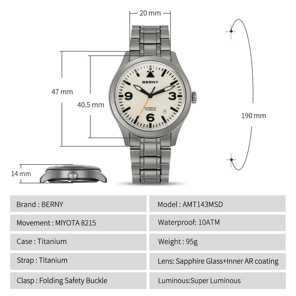 BERNY Aviation Top Titanium Mechanical Men Watch Sapphire AR Coating Supper Luminous 10Bar Sport Watch Titanium Aviation Watches
