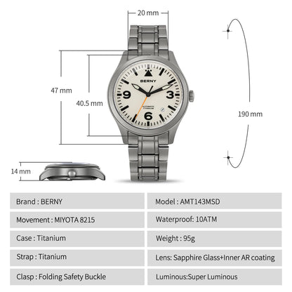 BERNY Aviation Top Titanium Mechanical Men Watch Sapphire AR Coating Supper Luminous 10Bar Sport Watch Titanium Aviation Watches