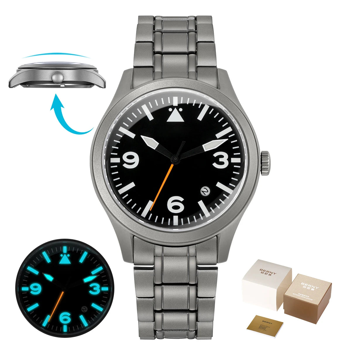 BERNY Aviation Top Titanium Mechanical Men Watch Sapphire AR Coating Supper Luminous 10Bar Sport Watch Titanium Aviation Watches