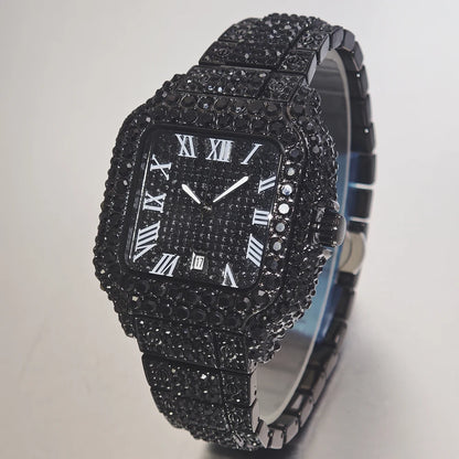 UNIGUET Cool Men's Watch Luxury Stainless Steel Quartz Watch Hip Hop Black Diamond Square Design Fashion Iced Wristwatch for Men