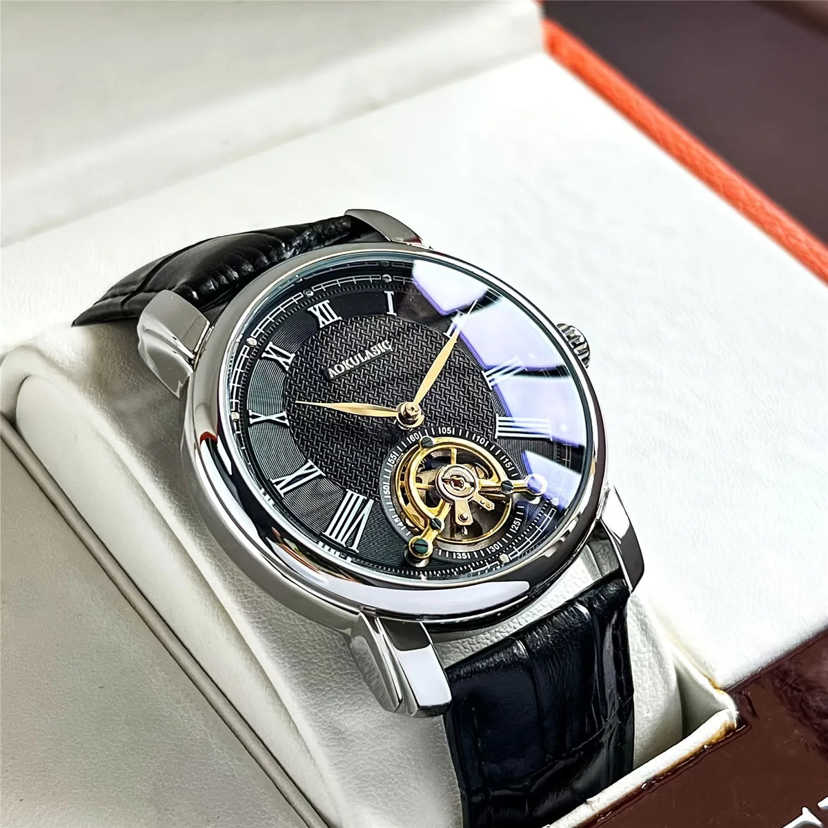 Reloj mecánico automático para hombre: elegante diseño esqueleto, estilo «business casual» de moda, caja de aleación y correa de piel, sin pila