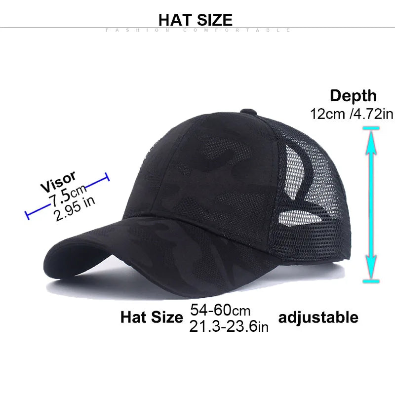 2023 Women Summer Ponytail Baseball Cap Cotton Camouflage Print Mesh Hat Adjustable Sports Golf Hat Girl Outdoor Casual Sun Hat