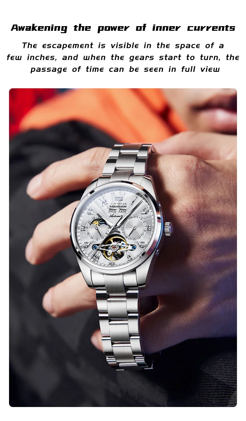 OLEVS 7028 Automatic Mechanical Men's Watch Tourbillon Dial Multifunctional Date Waterproof Luminous Watch for Men