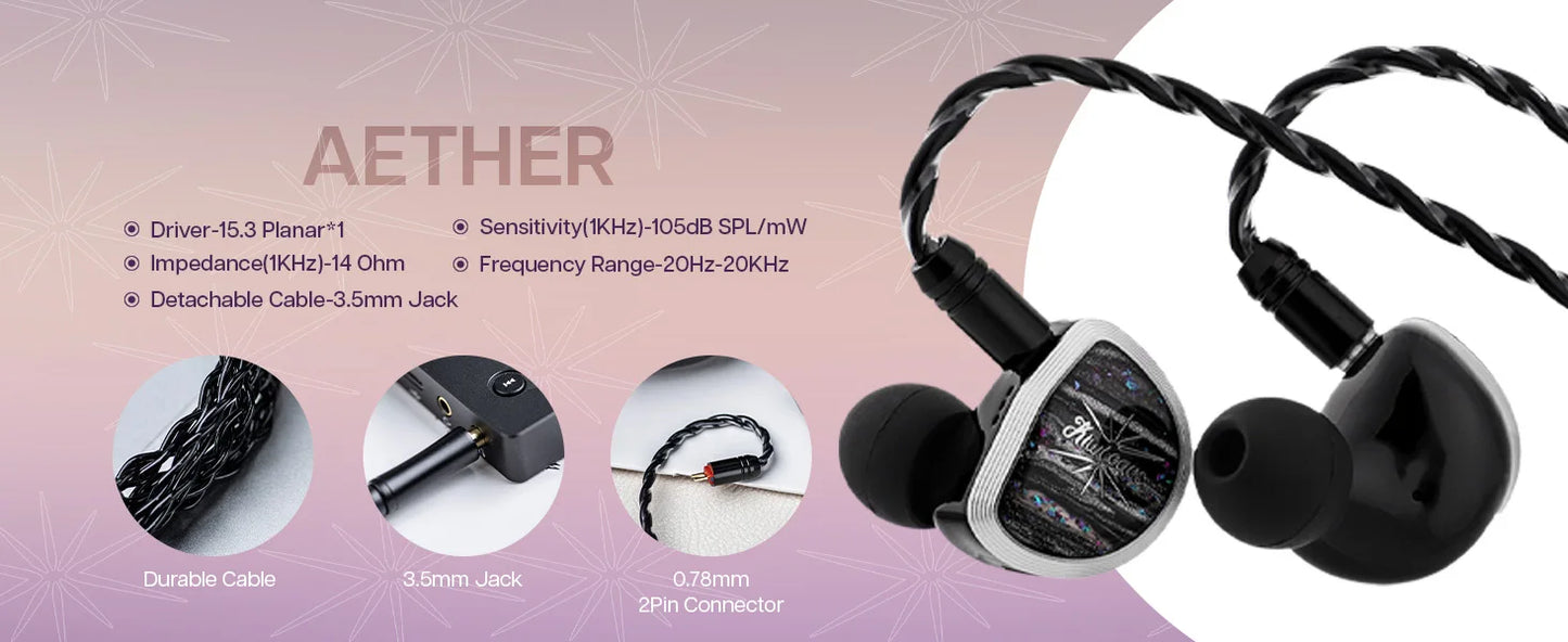 Linsoul Kiwi Ears Aether 15.3mm Large Planar Driver IEM Hifi Earphones with Detachable Cable System for Gaming and Musician