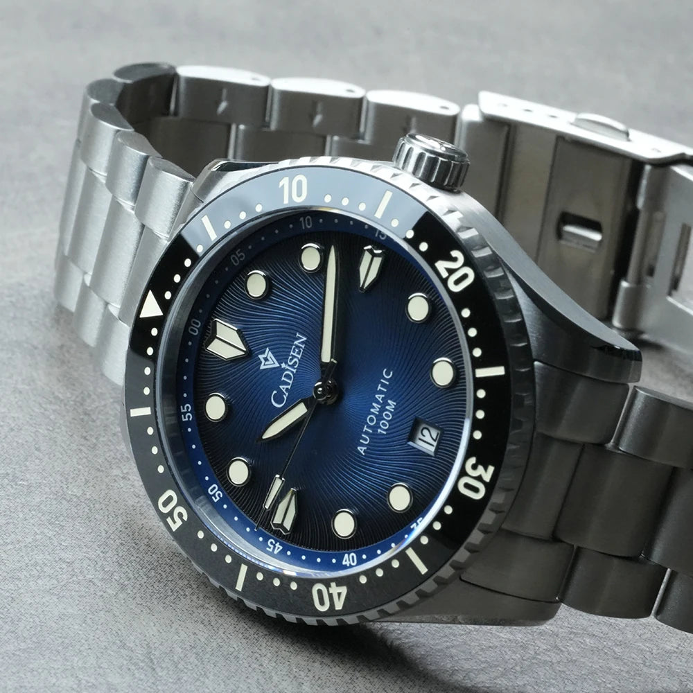 Montre mécanique automatique CADISEN – Modèle de luxe avec verre saphir, mouvement japonais MIYOTA 8215, cadran bleu et lunette en céramique – Étanche – Idée cadeau pour homme