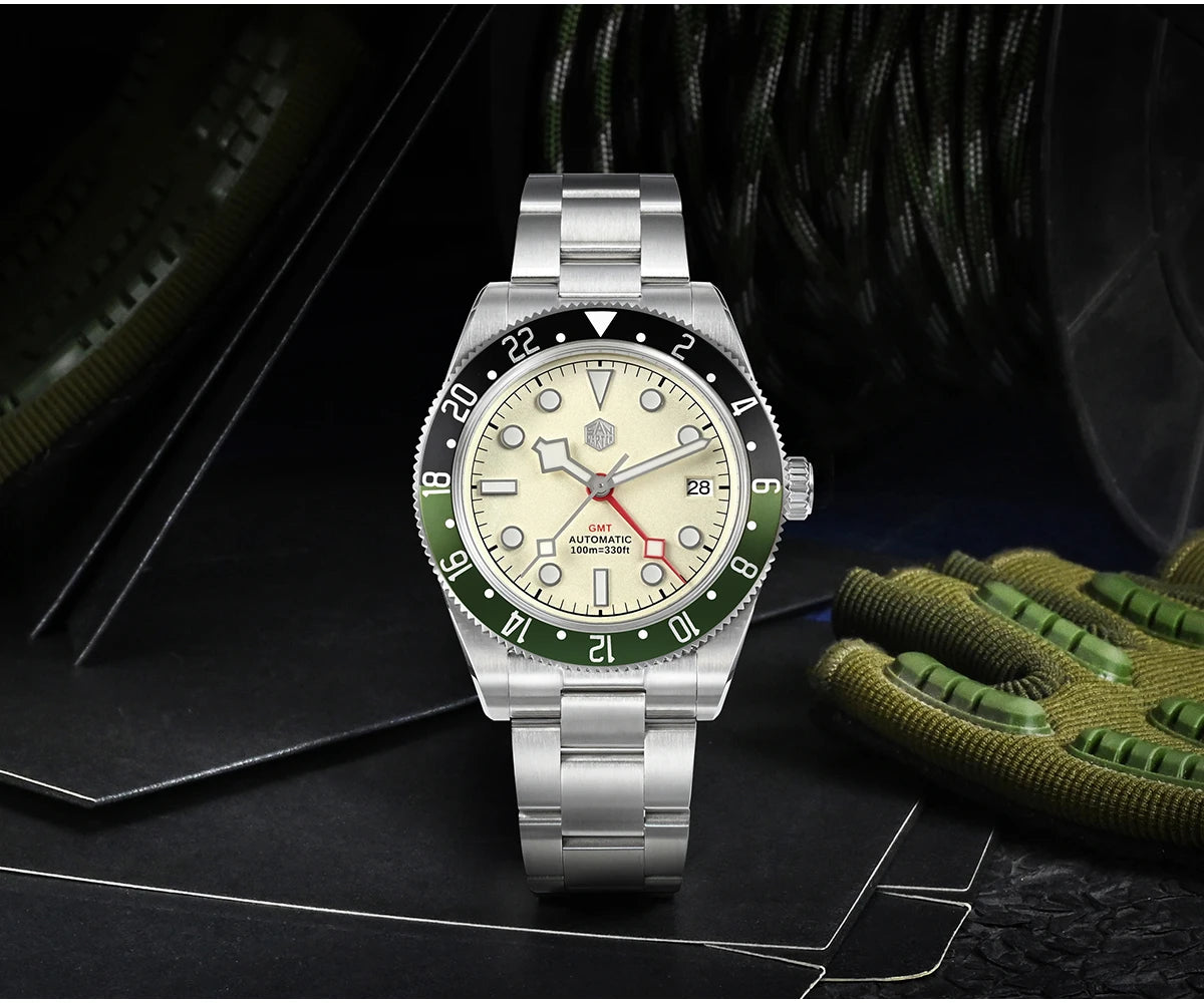 San Martin 39mm NH34 GMT Men Luxury Watch Bidirectional Aluminum Bezel Automatic Mechanical Sapphire 100M Waterproof  SN0109
